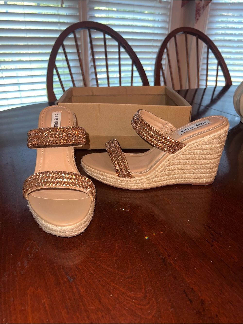 Steve Madden Rose Gold Jeweled Espadrille Wedge Sandals